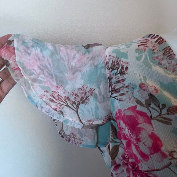 Eliza J Cascading Ruffled Floral Maxi Dress Faux Wrap Flutter Sleeve A-Line 10 - Picture 6 of 13